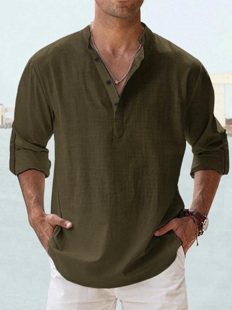 Men’s Cotton Linen Long Sleeve Shirt – Casual Stand Collar Loose Fit Top men-tshirt AllTrendMart