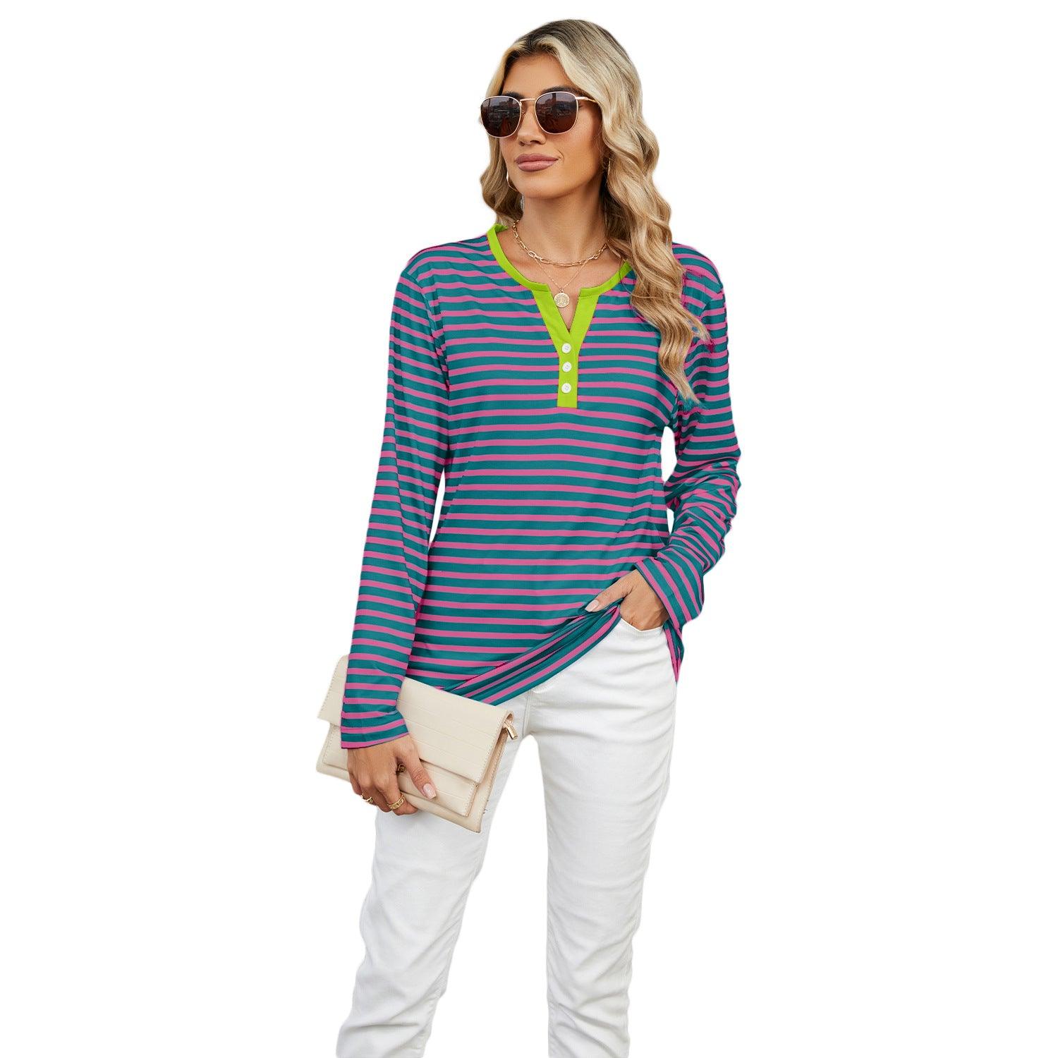 Women’s Striped V-Neck Long Sleeve T-Shirt – Loose Fit Casual Top women-tshirt AllTrendMart Rose Stripes Green S