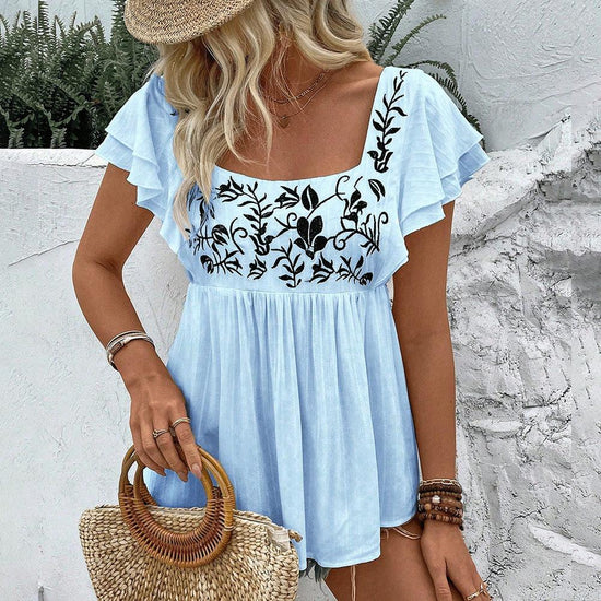 Women’s Lace Trim Square Neck T-Shirt – Embroidered Sleeveless Summer Top women-tshirt AllTrendMart Blue S