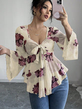Women’s Floral Lace-Up Square Neck T-Shirt – Long Sleeve Casual Top women-tshirt AllTrendMart Beige S