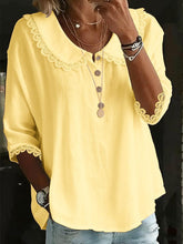 Women’s Lace Collar Button-Up T-Shirt – Casual Longline Solid Color Top women-tshirt AllTrendMart Yellow S