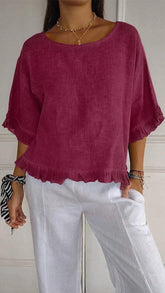 Women’s Ruffle Sleeve T-Shirt – Cotton Casual Short Sleeve Top women-tshirt AllTrendMart Wine Red S