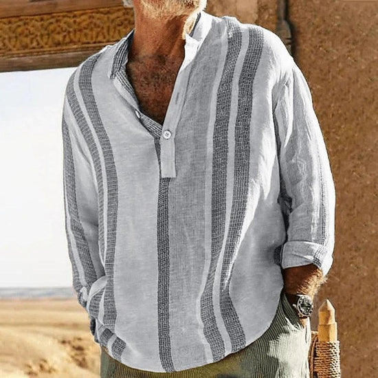 Men’s Striped Stand Collar T-Shirt – Lightweight Slub Casual Top men-tshirt AllTrendMart Gray S