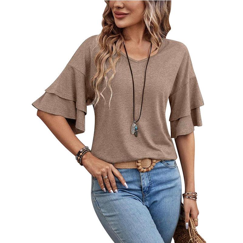 Women’s V-Neck Ruffle Sleeve T-Shirt – Loose Fit Casual Mid Sleeve Top women-tshirt AllTrendMart Light Mocha Brown L