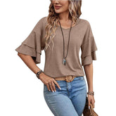 Women’s V-Neck Ruffle Sleeve T-Shirt – Loose Fit Casual Mid Sleeve Top women-tshirt AllTrendMart Light Mocha Brown L