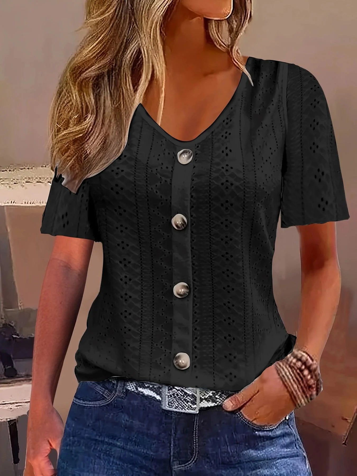 Women’s Jacquard V-Neck Button T-Shirt – Short Sleeve Casual Top women-tshirt AllTrendMart