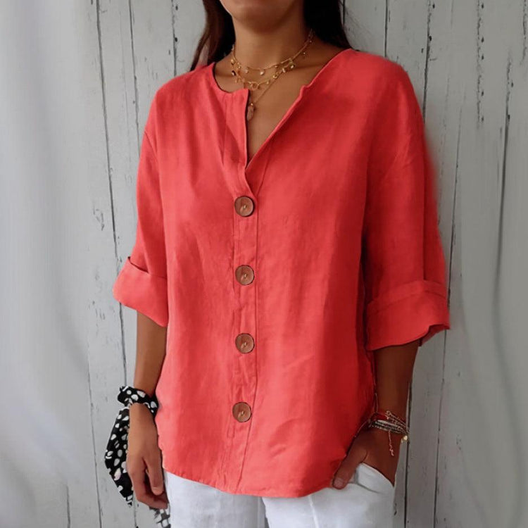 Women’s V-Neck Button T-Shirt – Loose Fit Long Sleeve Casual Top women-tshirt AllTrendMart