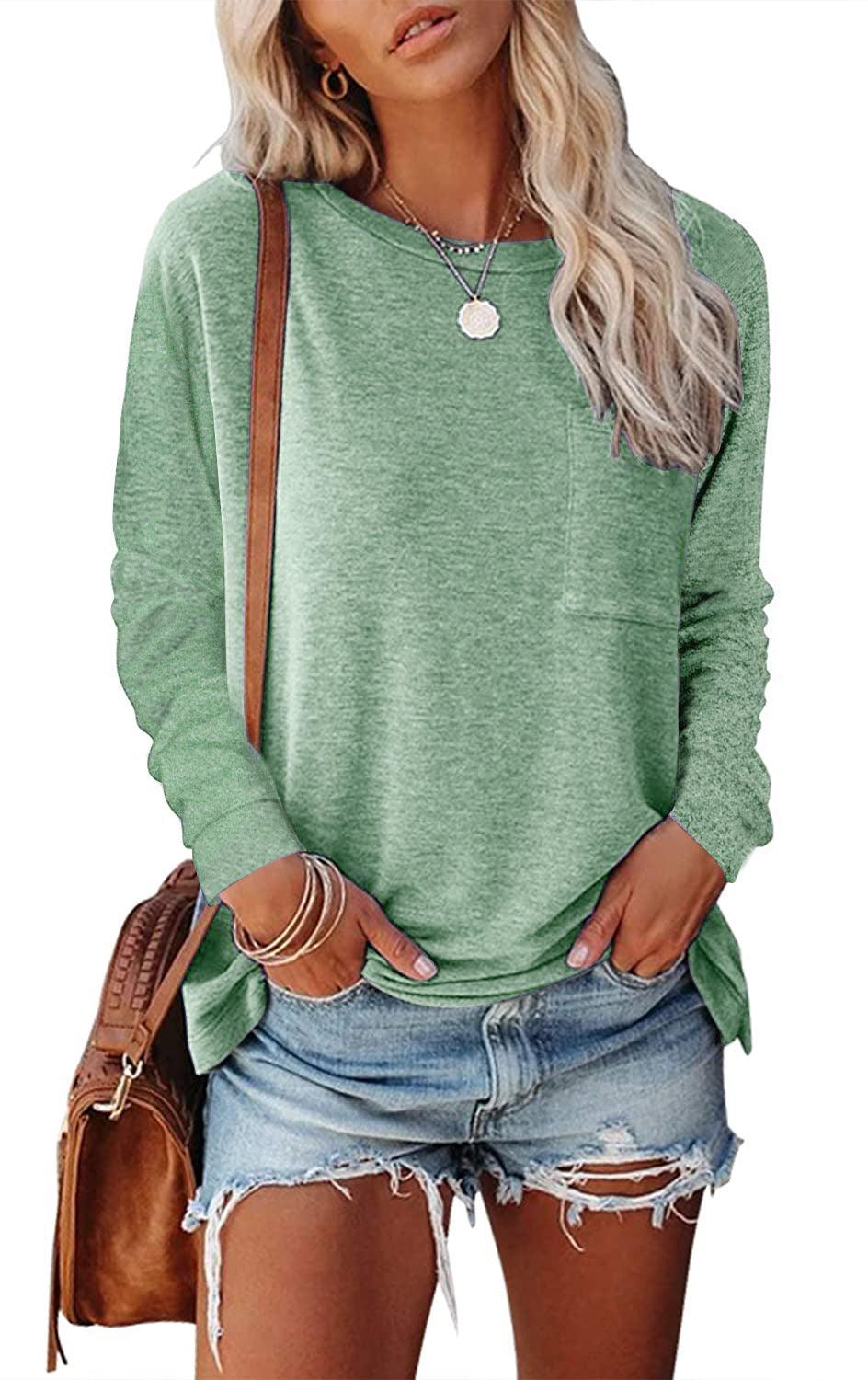 Women’s Long Sleeve Pocket T-Shirt – Cotton Blend Casual Split Hem Top women-tshirt AllTrendMart Pea green S