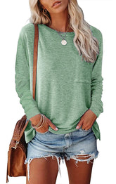 Women’s Long Sleeve Pocket T-Shirt – Cotton Blend Casual Split Hem Top women-tshirt AllTrendMart Pea green S