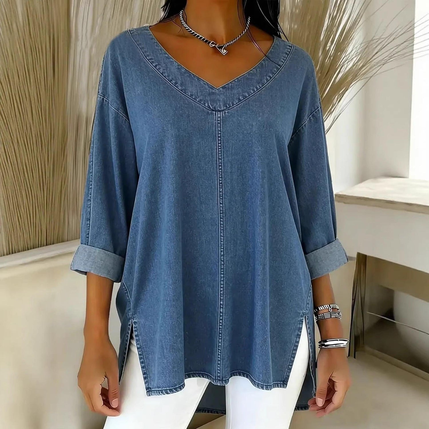 Women’s Denim-Look V-Neck Long Sleeve T-Shirt – Casual Soft Top women-tshirt AllTrendMart Blue S