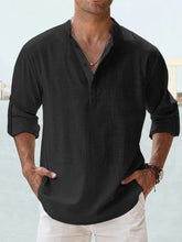 Men’s Cotton Linen Long Sleeve Shirt – Casual Stand Collar Loose Fit Top men-tshirt AllTrendMart Black XS