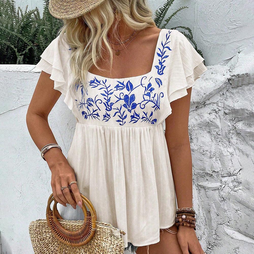 Women’s Lace Trim Square Neck T-Shirt – Embroidered Sleeveless Summer Top women-tshirt AllTrendMart Apricot Background Blue S