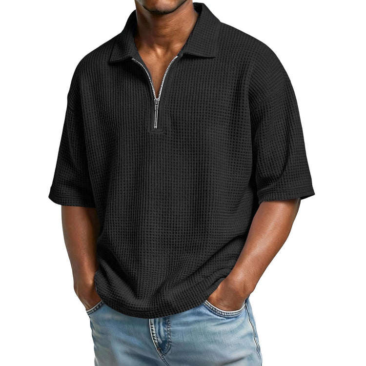 Men’s Waffle Knit Polo T-Shirt – Short Sleeve Breathable Summer Tee men-tshirt AllTrendMart Black S