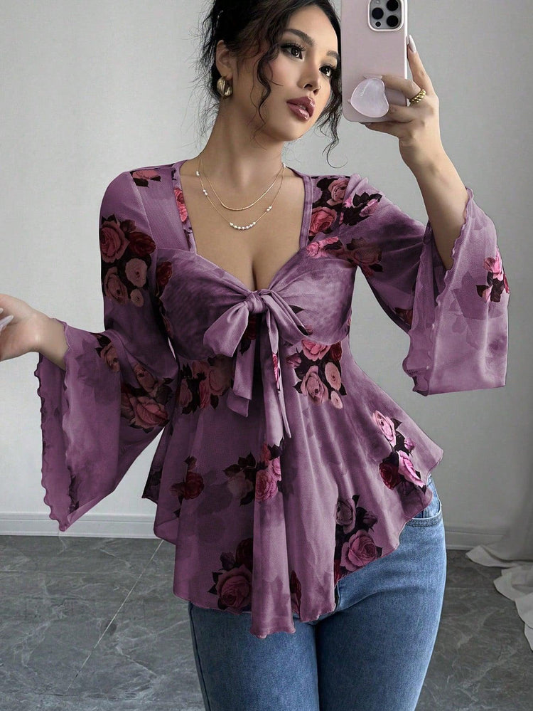 Women’s Floral Lace-Up Square Neck T-Shirt – Long Sleeve Casual Top women-tshirt AllTrendMart Dark Purple S
