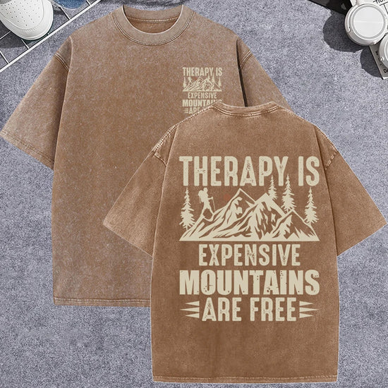 Unisex Vintage Washed T-Shirt – Mountain Graphic “Therapy Is Expensive” Cotton Tee - AllTrendMart - image 1