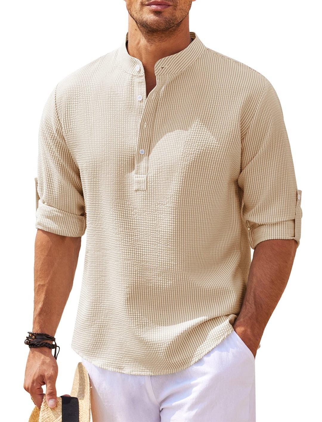 Men’s Stand Collar Long Sleeve Shirt – Casual Loose Fit Solid Color Top men-tshirt AllTrendMart Khaki S