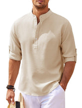 Men’s Stand Collar Long Sleeve Shirt – Casual Loose Fit Solid Color Top men-tshirt AllTrendMart Khaki S