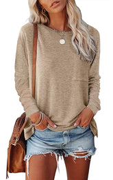 Women’s Long Sleeve Pocket T-Shirt – Cotton Blend Casual Split Hem Top women-tshirt AllTrendMart Khaki S