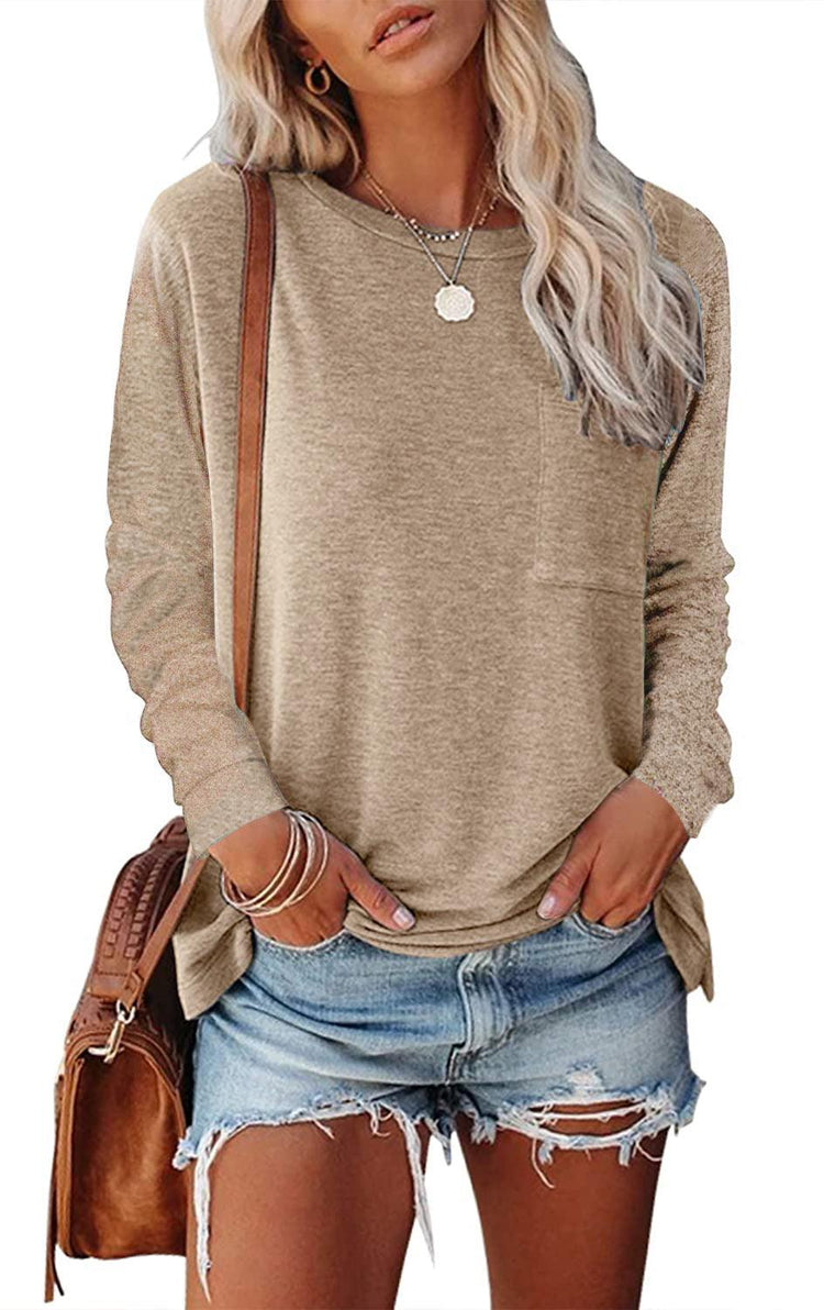 Women’s Long Sleeve Pocket T-Shirt – Cotton Blend Casual Split Hem Top women-tshirt AllTrendMart Khaki S