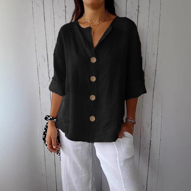 Women’s V-Neck Button T-Shirt – Loose Fit Long Sleeve Casual Top women-tshirt AllTrendMart Black S