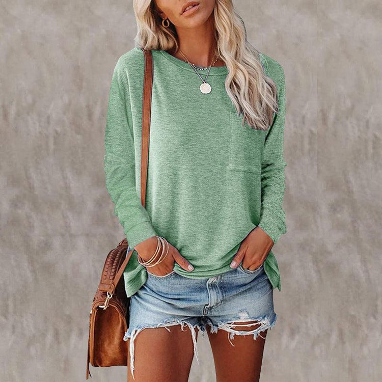 Women’s Long Sleeve Pocket T-Shirt – Cotton Blend Casual Split Hem Top women-tshirt AllTrendMart