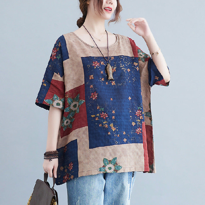 Ethnic Style Loose Round Neck Print Short Sleeve T-shirt women-tshirt AllTrendMart Navy Blue L