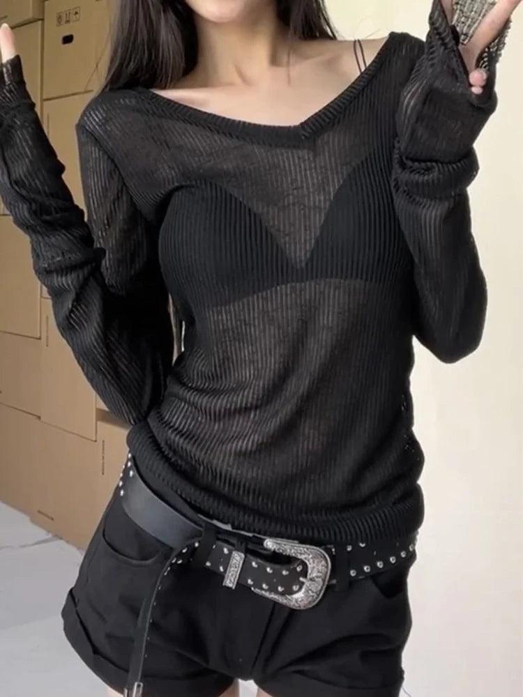 Women’s Sheer Long Sleeve T-Shirt – Slim Fit Lightweight Y2K Top women-tshirt AllTrendMart