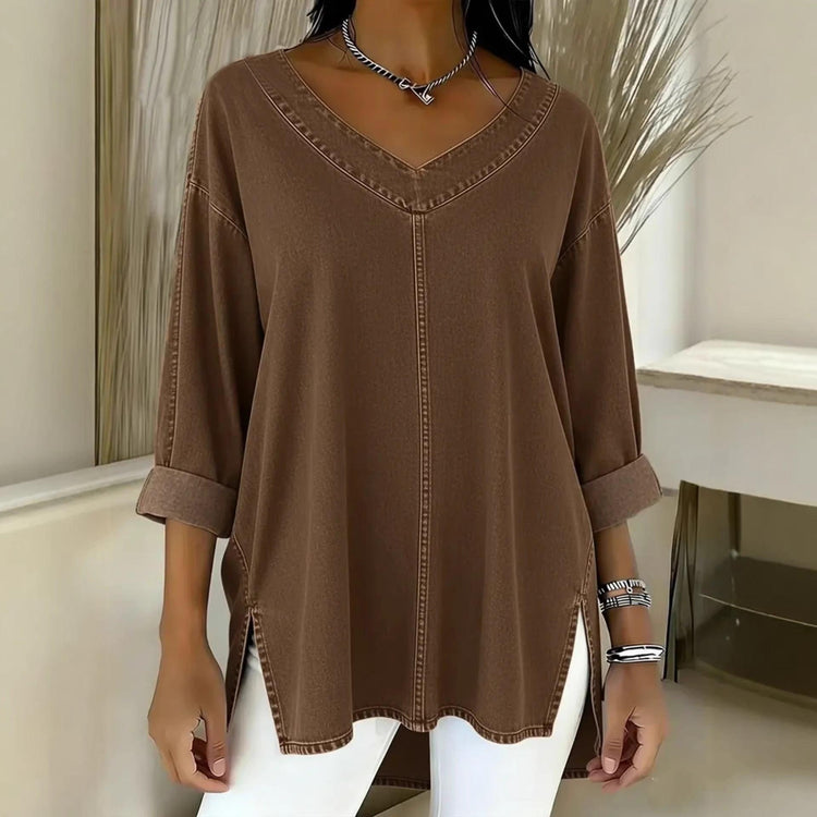 Women’s Denim-Look V-Neck Long Sleeve T-Shirt – Casual Soft Top women-tshirt AllTrendMart