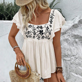 Women’s Lace Trim Square Neck T-Shirt – Embroidered Sleeveless Summer Top women-tshirt AllTrendMart Apricot Background Black S