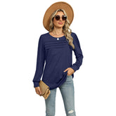 Women’s Pleated Long Sleeve Top – U-Neck Casual Solid Color T-Shirt women-tshirt AllTrendMart Navy Blue S