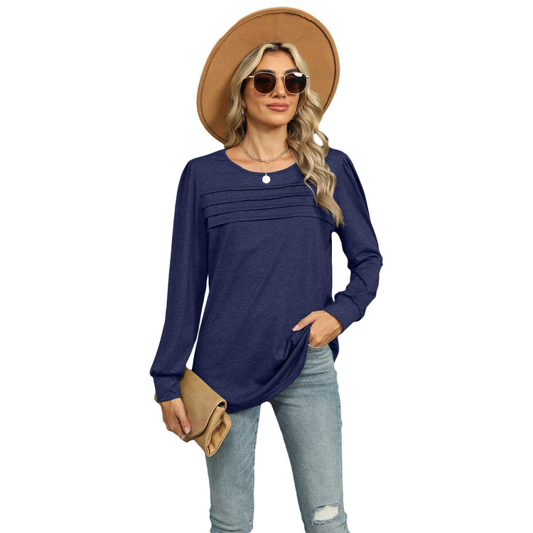 Women’s Pleated Long Sleeve Top – U-Neck Casual Solid Color T-Shirt women-tshirt AllTrendMart Navy Blue S