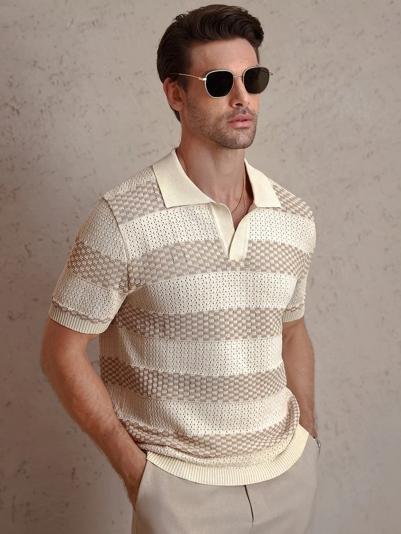 Men’s Knit Polo T-Shirt – Contrast Color Short Sleeve Casual Top men-tshirt AllTrendMart Beige S