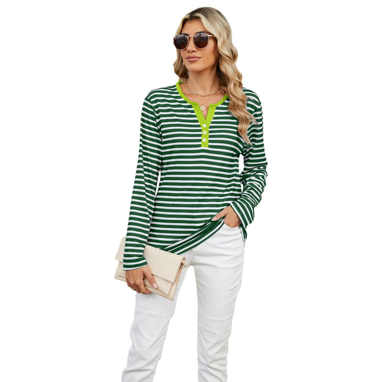Women’s Striped V-Neck Long Sleeve T-Shirt – Loose Fit Casual Top women-tshirt AllTrendMart White Stripes Green S