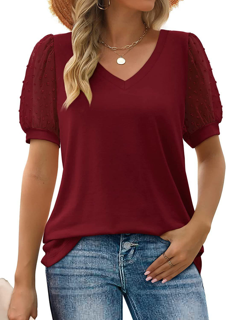 Women’s V-Neck Puff Sleeve T-Shirt – Casual Loose Fit Summer Top women-tshirt AllTrendMart Wind Red S