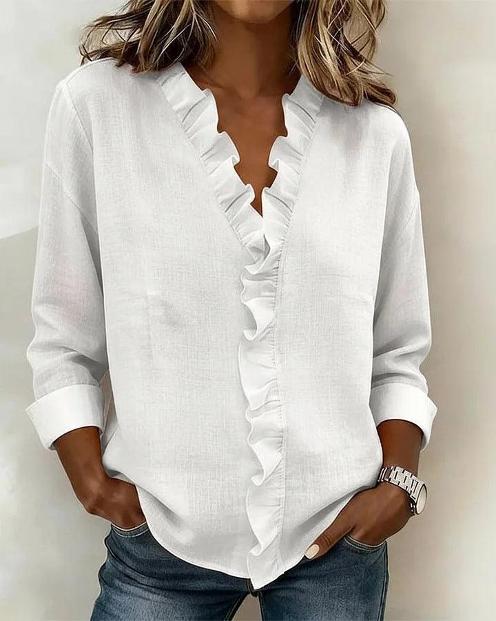 Women’s Ruffled Long Sleeve T-Shirt – Asymmetrical Casual Stylish Top women-tshirt AllTrendMart White S