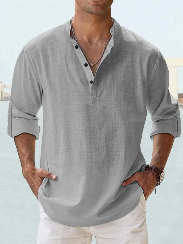 Men’s Cotton Linen Long Sleeve Shirt – Casual Stand Collar Loose Fit Top men-tshirt AllTrendMart