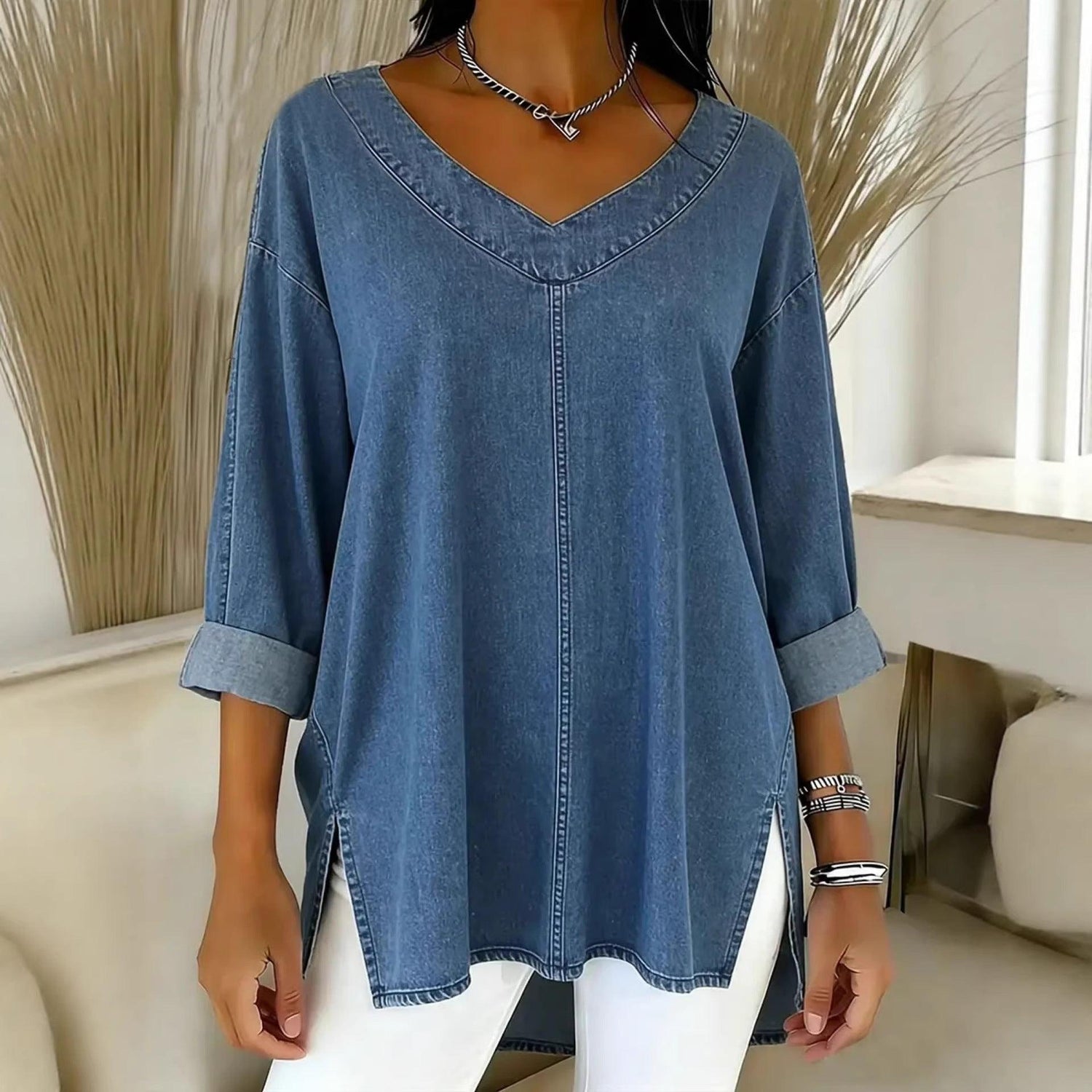 Women’s Denim-Look V-Neck Long Sleeve T-Shirt – Casual Soft Top women-tshirt AllTrendMart