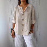 Women’s V-Neck Button T-Shirt – Loose Fit Long Sleeve Casual Top women-tshirt AllTrendMart Beige S