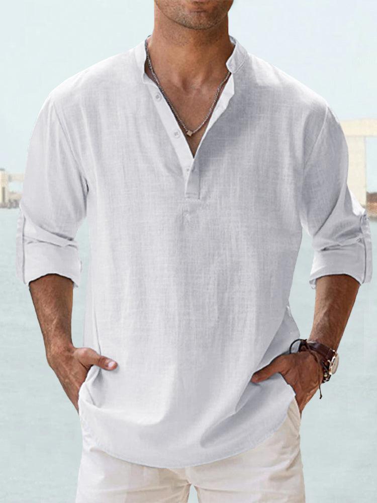 Men’s Cotton Linen Long Sleeve Shirt – Casual Stand Collar Loose Fit Top men-tshirt AllTrendMart