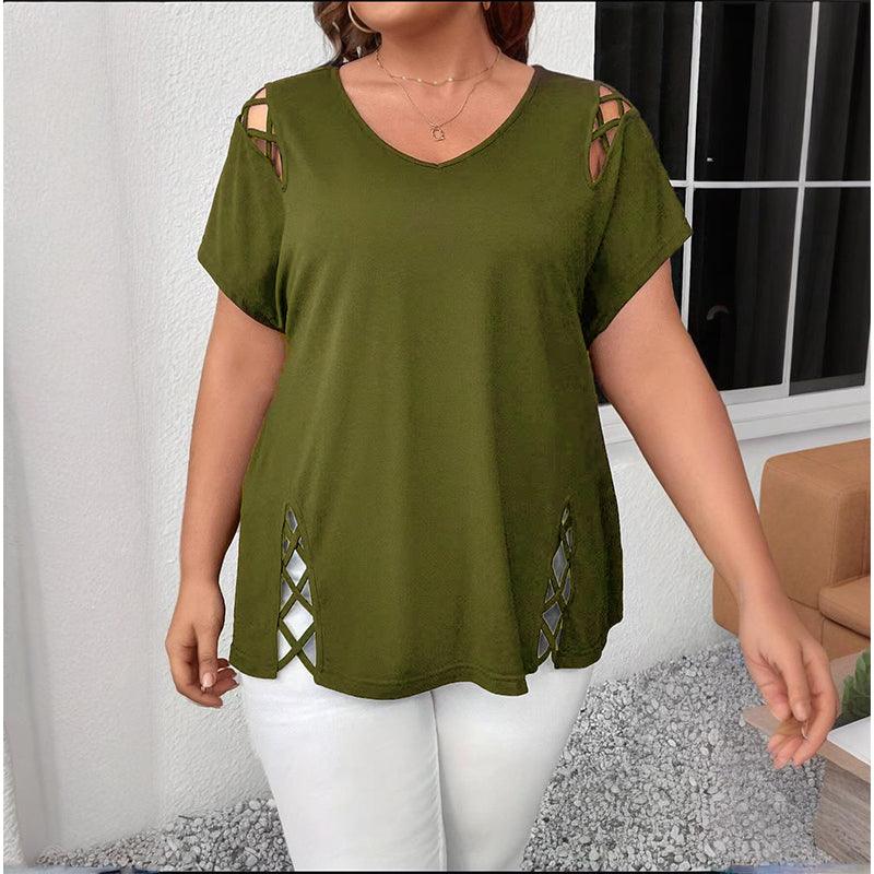 Women’s Plus Size Criss Cross V-Neck T-Shirt – Short Sleeve Casual Top women-tshirt AllTrendMart Green 1XL