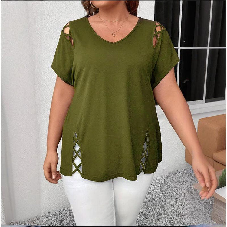 Women’s Plus Size Criss Cross V-Neck T-Shirt – Short Sleeve Casual Top women-tshirt AllTrendMart Green 1XL