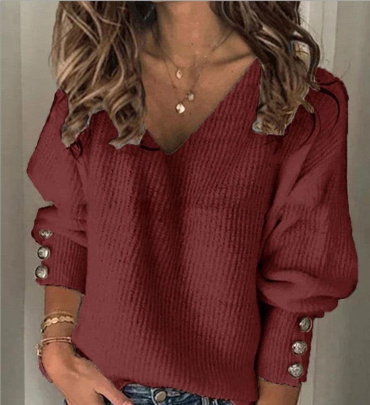 Women’s Cotton V-Neck Long Sleeve T-Shirt – Loose Fit Casual Top women-tshirt AllTrendMart