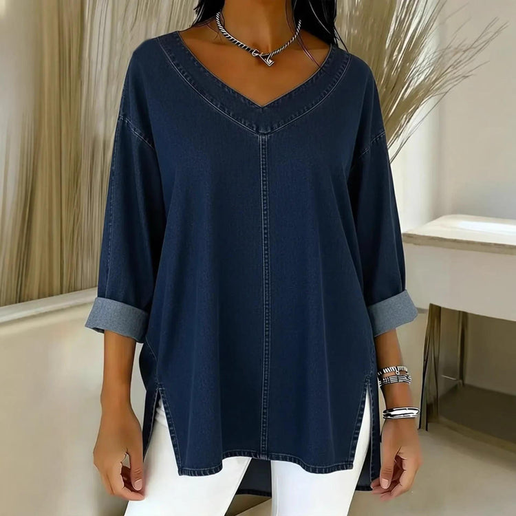 Women’s Denim-Look V-Neck Long Sleeve T-Shirt – Casual Soft Top women-tshirt AllTrendMart