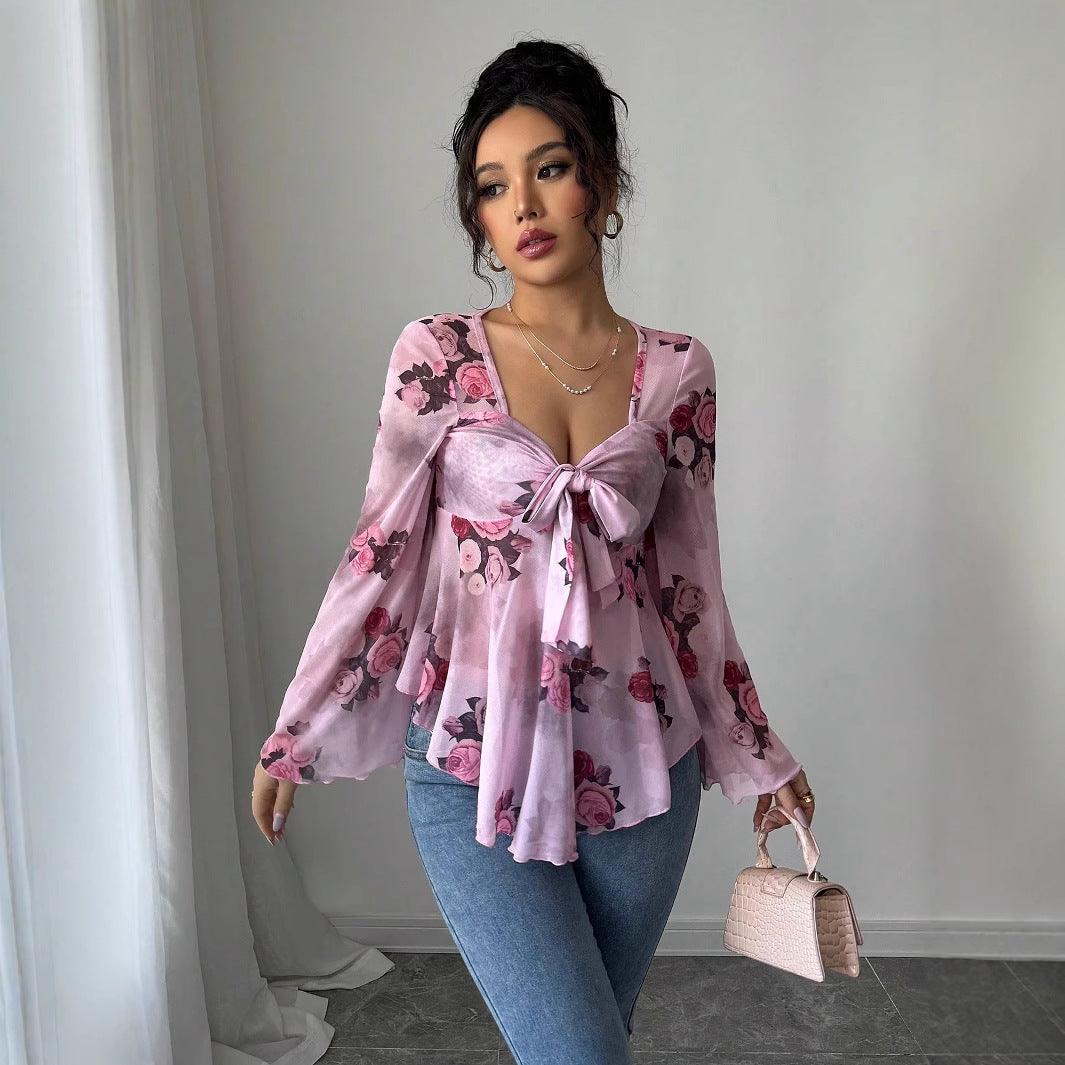 Women’s Floral Lace-Up Square Neck T-Shirt – Long Sleeve Casual Top women-tshirt AllTrendMart