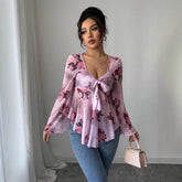Women’s Floral Lace-Up Square Neck T-Shirt – Long Sleeve Casual Top women-tshirt AllTrendMart