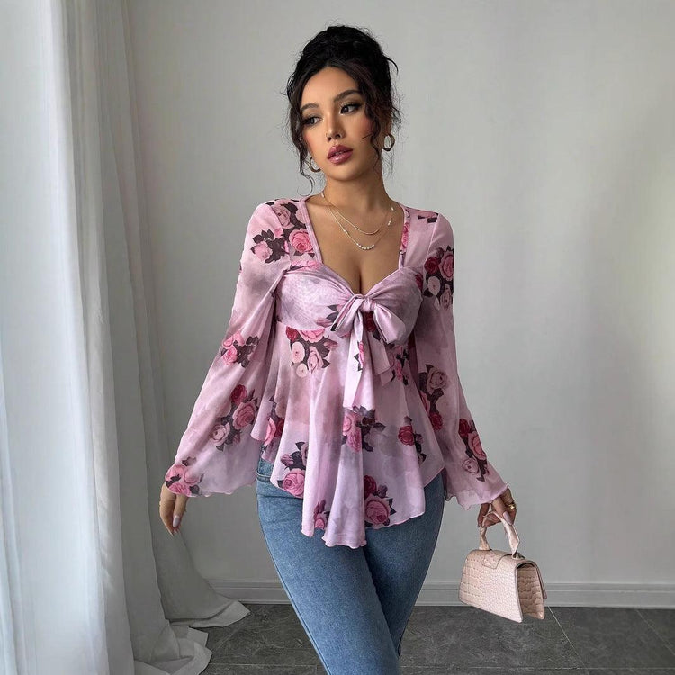 Women’s Floral Lace-Up Square Neck T-Shirt – Long Sleeve Casual Top women-tshirt AllTrendMart