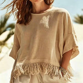 Women’s Tassel Cotton Linen T-Shirt – Loose Fit Batwing Sleeve Casual Top women-tshirt AllTrendMart Khaki S