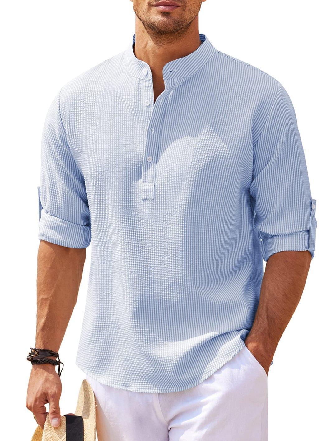 Men’s Stand Collar Long Sleeve Shirt – Casual Loose Fit Solid Color Top men-tshirt AllTrendMart Blue S