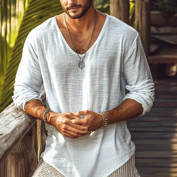 Men’s Slim Fit V-Neck Long Sleeve T-Shirt – Lightweight Casual Top men-tshirt AllTrendMart Beige S