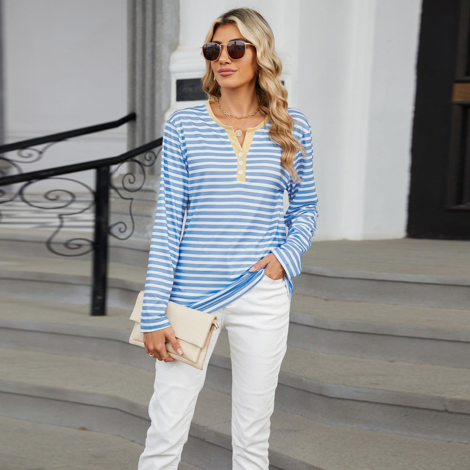 Women’s Striped V-Neck Long Sleeve T-Shirt – Loose Fit Casual Top women-tshirt AllTrendMart